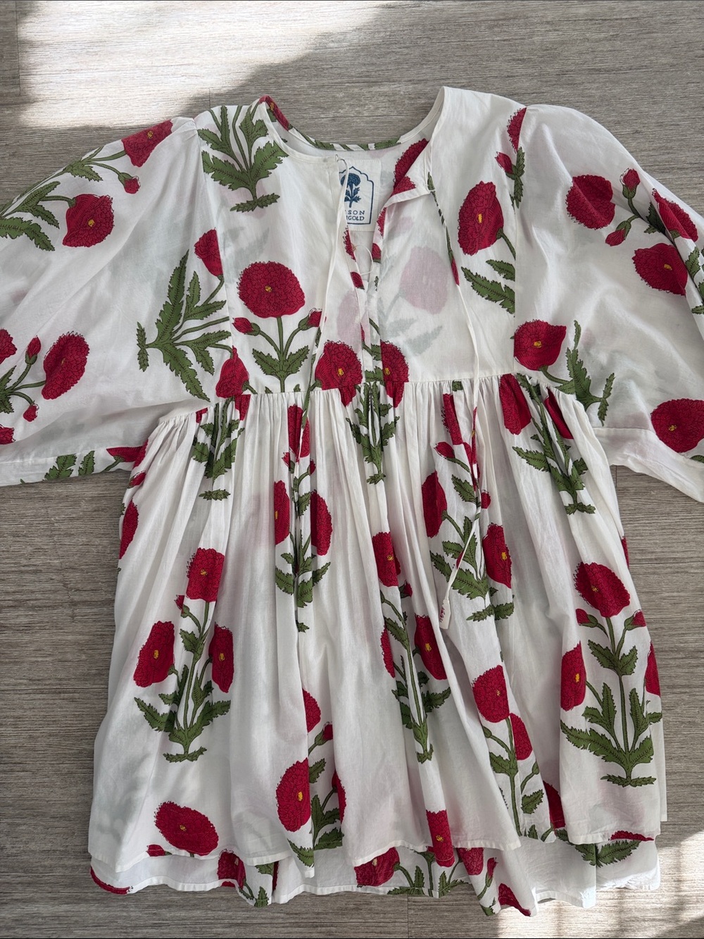 Maison Marigold White Floral Peasant Dress with Red Poppies